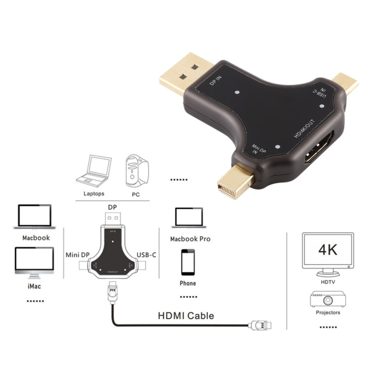 D63A Adapter – DisplayPort + Mini DP + UCB-C / Type-C Male to HDMI Female 3 in 1...