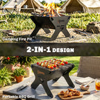 2-In-1 Portable BBQ Grill and Camping Fire Pit, Tabletop Charcoal Barbecue Grill with Gripper, Gloves and Carry Bag