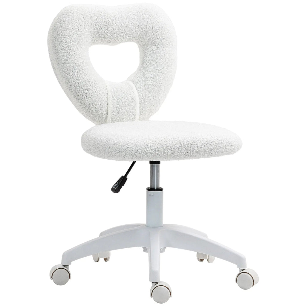 Armless Heart Computer Desk Chair, Teddy Fleece Swivel Office Chair, Makeup Vanity Chair with Height Adjustable, Wheels, for Home Study Bedroom, White White