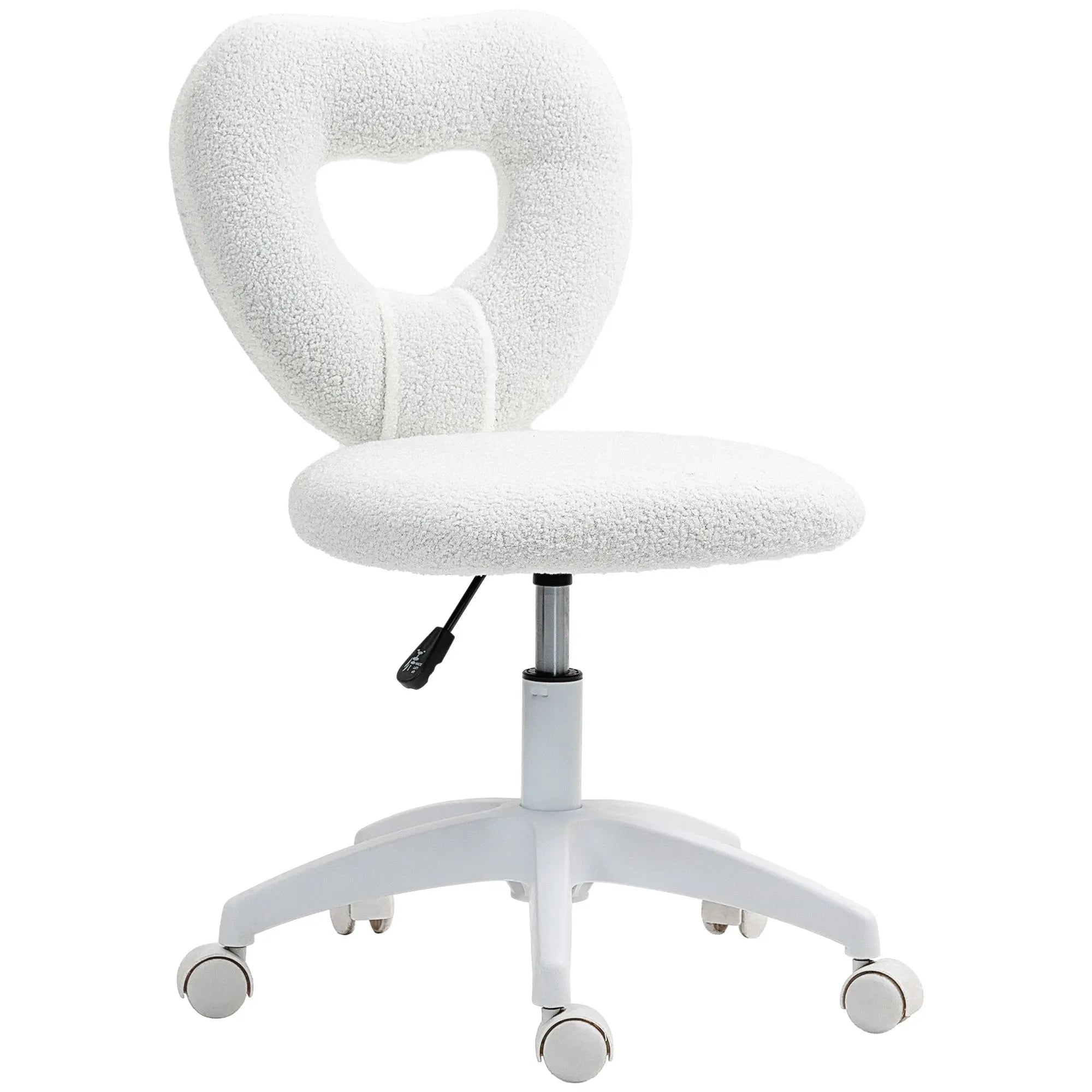 Armless Heart Computer Desk Chair, Teddy Fleece Swivel Office Chair, Makeup Vanity Chair with Height Adjustable, Wheels, for Home Study Bedroom, White White