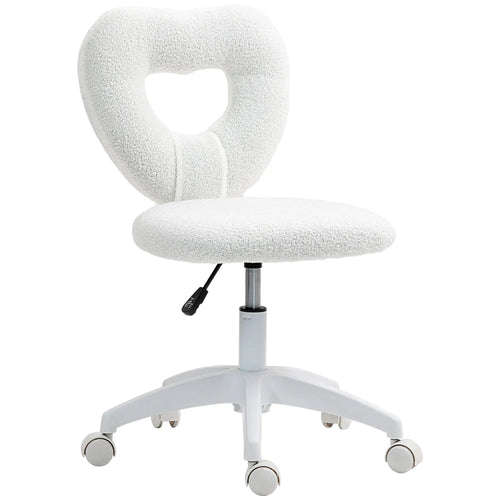 Armless Heart Computer Desk Chair, Teddy Fleece Swivel Office Chair, Makeup Vanity Chair with Height Adjustable, Wheels, for Home Study Bedroom, White White