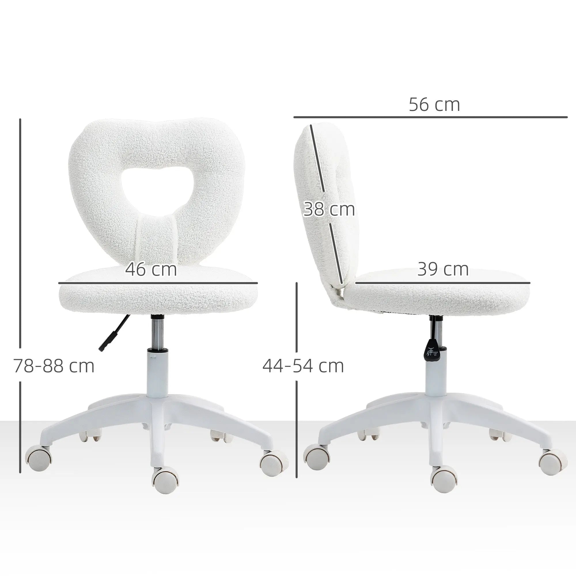 Armless Heart Computer Desk Chair, Teddy Fleece Swivel Office Chair, Makeup Vanity Chair with Height Adjustable, Wheels, for Home Study Bedroom, White