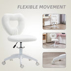 Armless Heart Computer Desk Chair, Teddy Fleece Swivel Office Chair, Makeup Vanity Chair with Height Adjustable, Wheels, for Home Study Bedroom, White