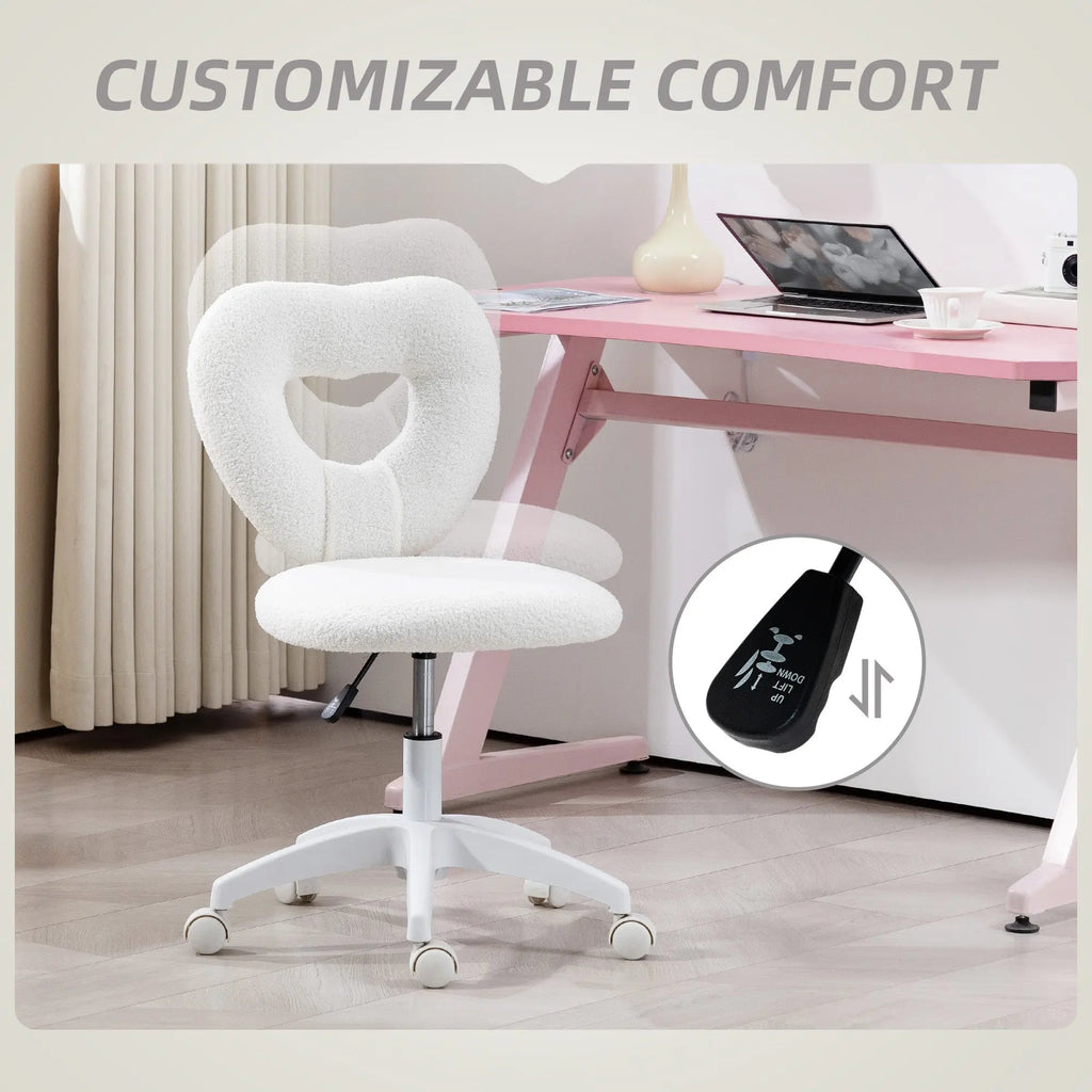 Armless Heart Computer Desk Chair, Teddy Fleece Swivel Office Chair, Makeup Vanity Chair with Height Adjustable, Wheels, for Home Study Bedroom, White