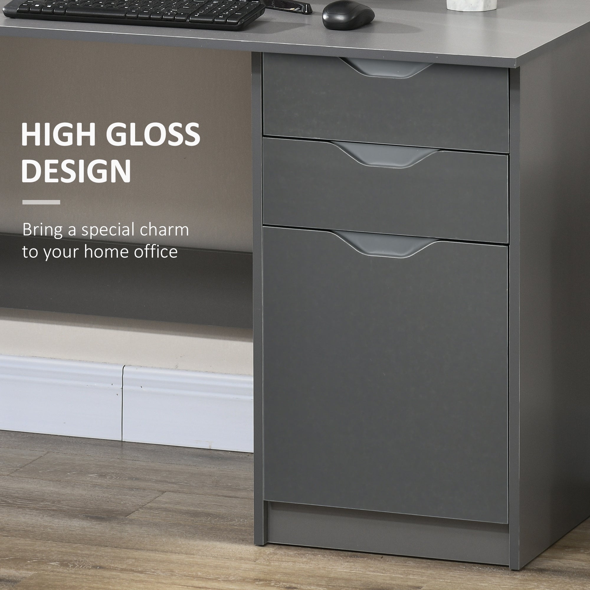 Computer Desk with Drawers, High Gloss Home Office Desk with Storage Cabinet, Study Workstation, 120 x 60cm, Grey