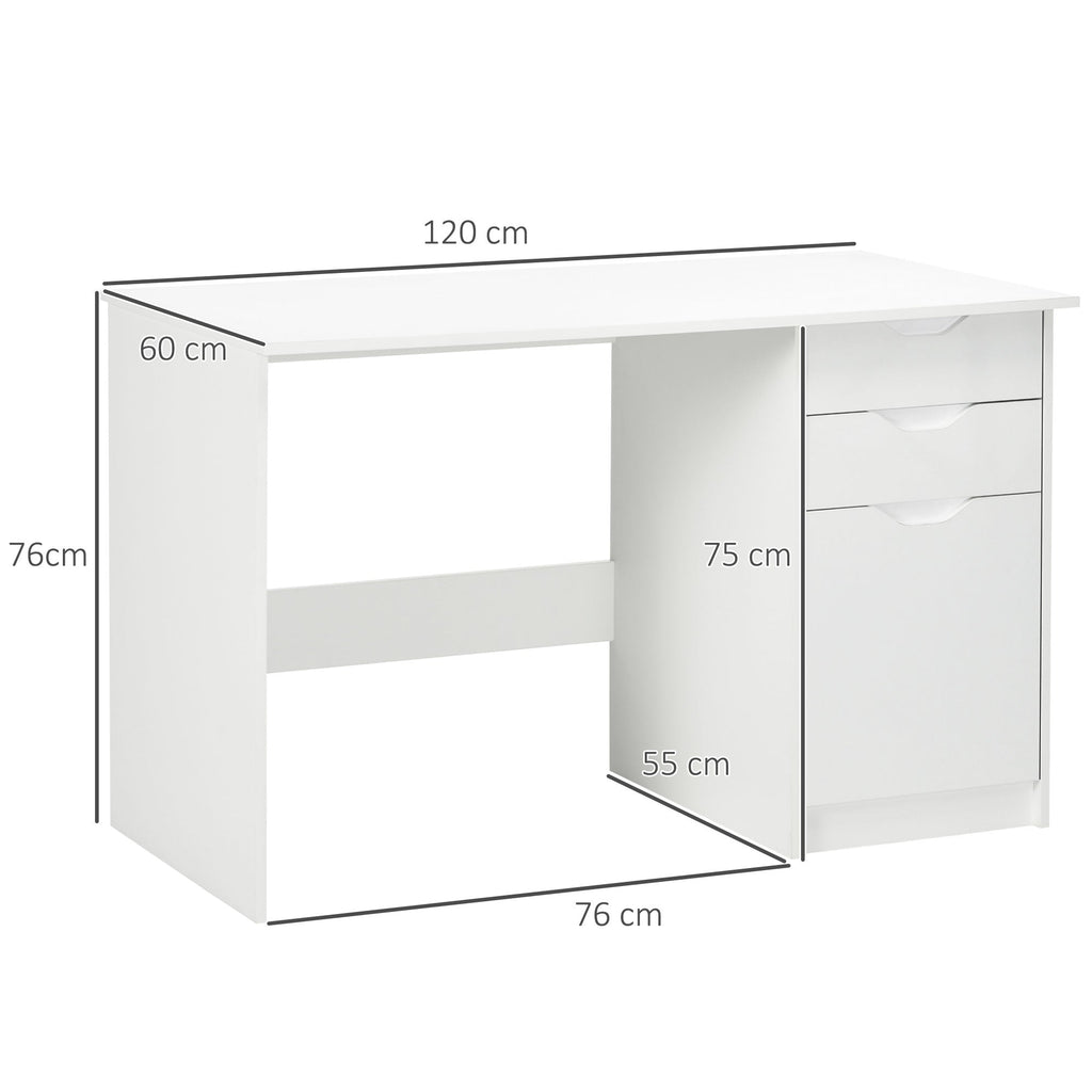 Computer Desk with Drawers, High Gloss Home Office Desk with Storage Cabinet, Study Workstation, 120 x 60cm, White