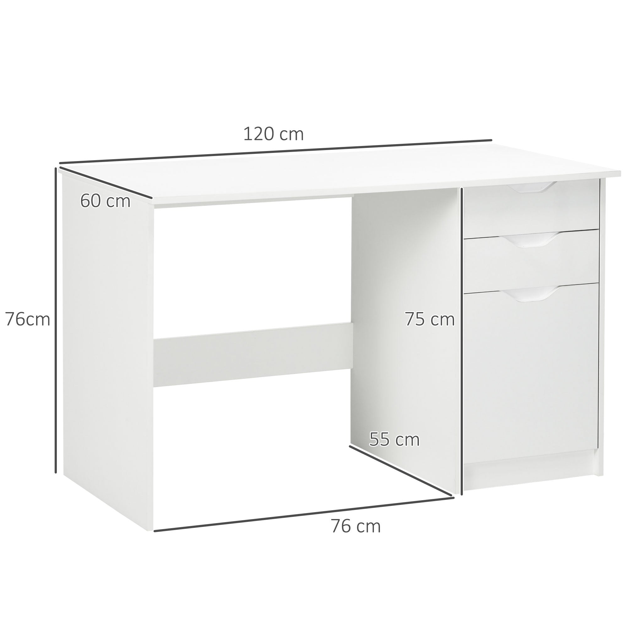 Computer Desk with Drawers, High Gloss Home Office Desk with Storage Cabinet, Study Workstation, 120 x 60cm, White