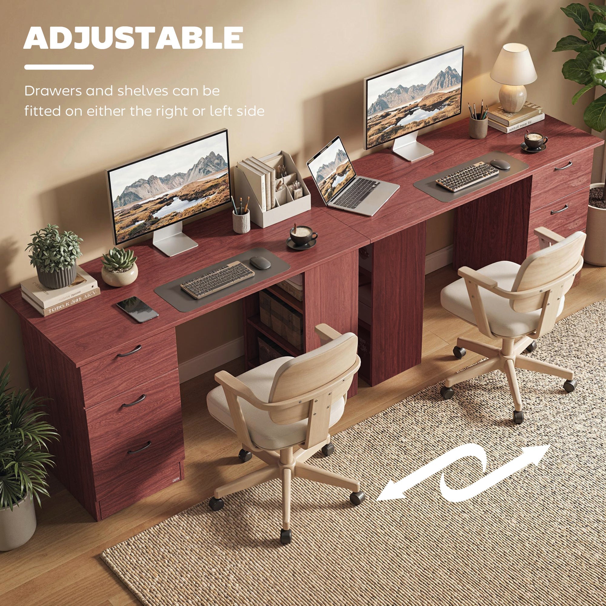 Computer Desk, Writing Table, PC Workstation with 3 Storage Shelves and Drawers, Handle, for Home Office, Walnut Brown