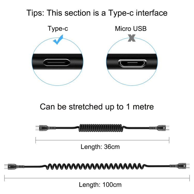 HAWEEL 1m 5A USB-C / Type-C to USB-C / Type-C Retractable Coiled PD Fast Charging Cable, 1m 5A Type-C – Fast Charging