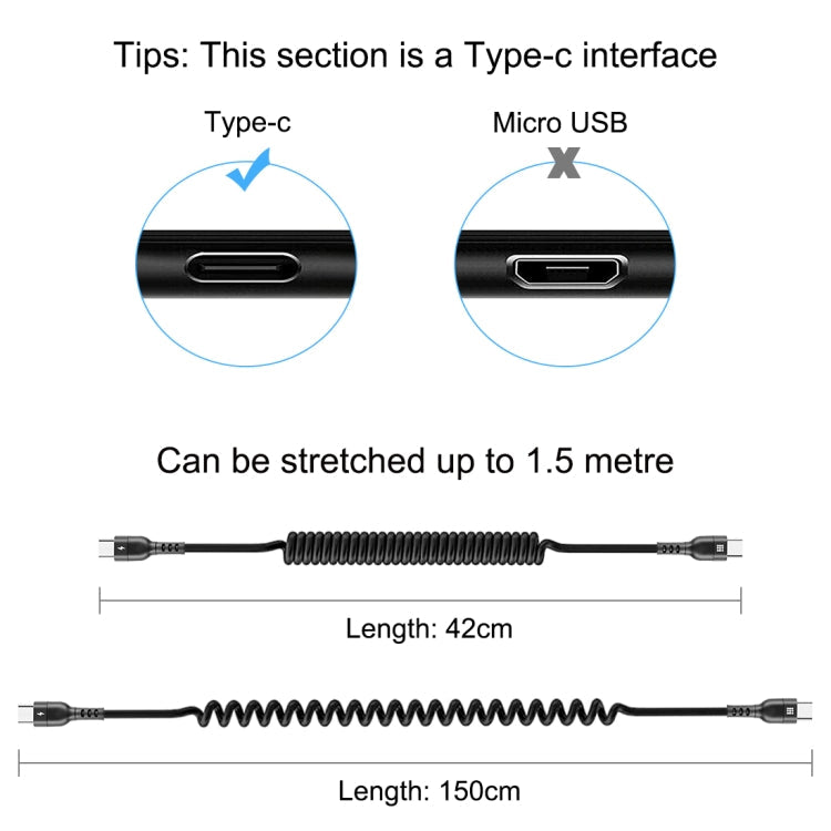 HAWEEL 1.5m 5A USB-C / Type-C to USB-C / Type-C Retractable Coiled PD Fast Charging Cable, 1.5m 5A Type-C – Fast Charging