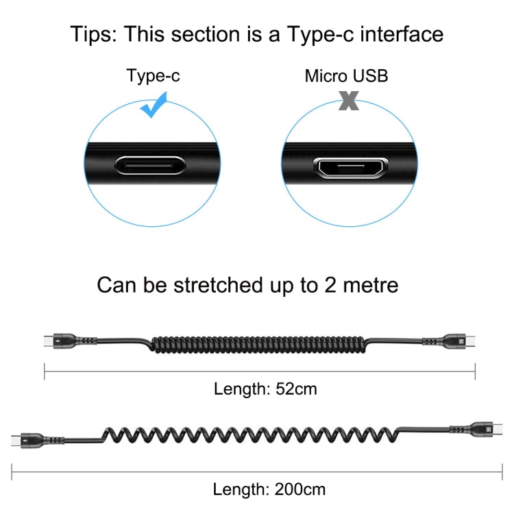 HAWEEL 2m 5A USB-C / Type-C to USB-C / Type-C Retractable Coiled PD Fast Charging Cable, 2m 5A Type-C – Fast Charging