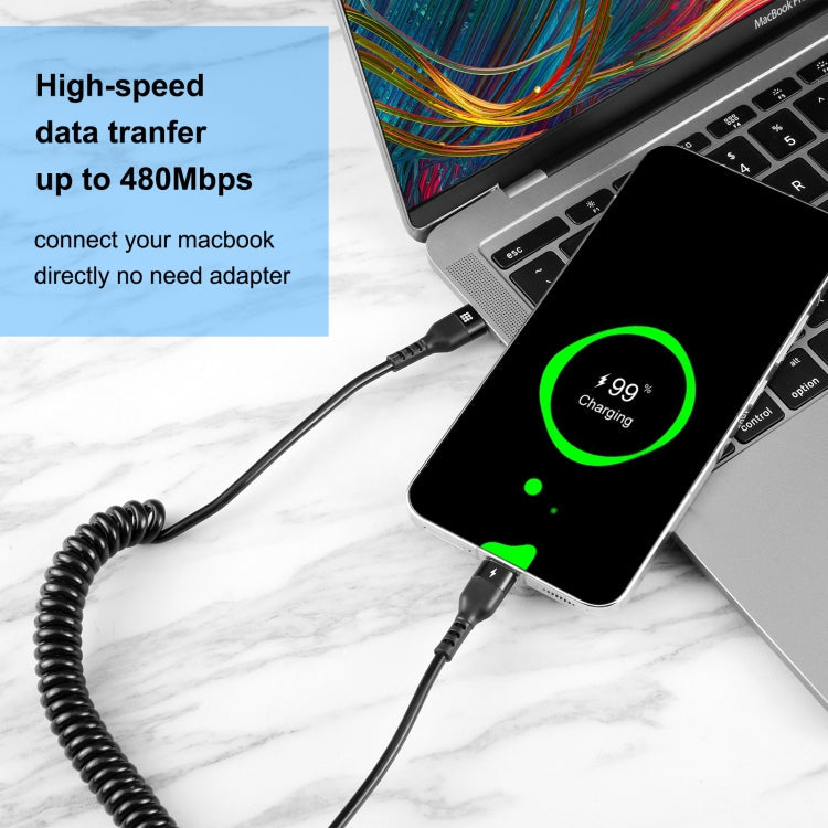 HAWEEL 2m 5A USB-C / Type-C to USB-C / Type-C Retractable Coiled PD Fast Charging Cable, 2m 5A Type-C – Fast Charging