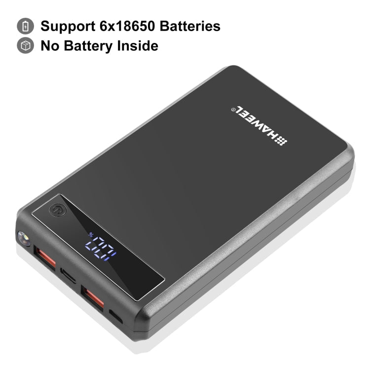 HAWEEL DIY 6 x 18650 Battery 24W Fast Charge Power Bank Box Case with Display, Not Include Battery, 6 x 18650 Battery 6 x 18650 Battery Black