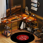 L Shaped Gaming Desk with LED Lights and Power Outlets, 150cm Corner Computer Desk with Monitor Stand and Storage Shelves, Home Office Desk for Small Space, Rustic Brown