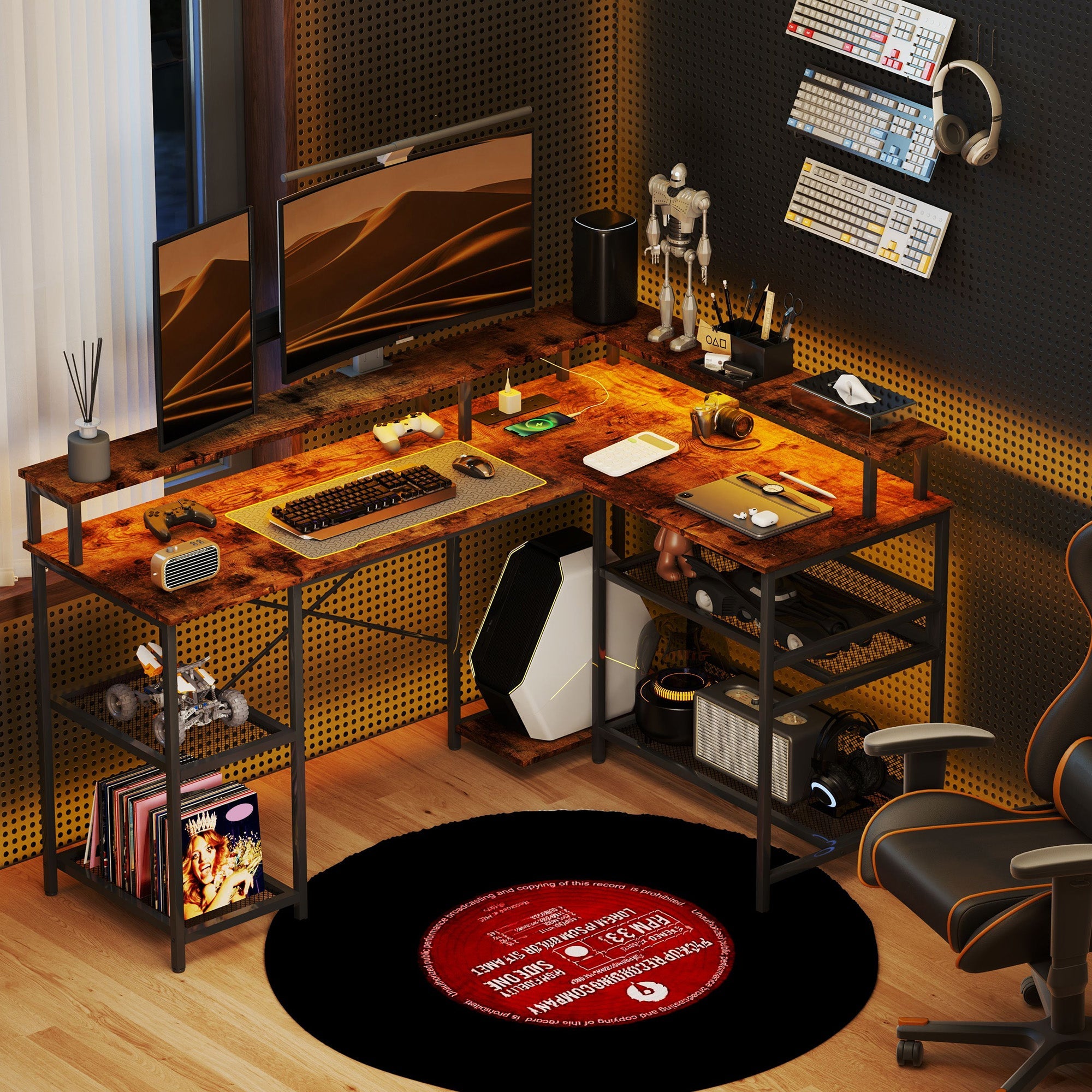 L Shaped Gaming Desk with LED Lights and Power Outlets, 150cm Corner Computer Desk with Monitor Stand and Storage Shelves, Home Office Desk for Small Space, Rustic Brown