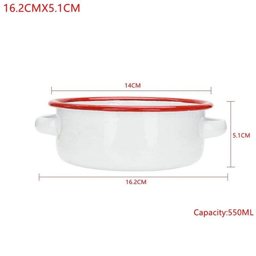 White & Red Enamel Baking Dish with Dual Side Handles – Deep Round Pan for Baking, Roasting, and Serving, Oven & Induction Safe, 3 Sizes Available
