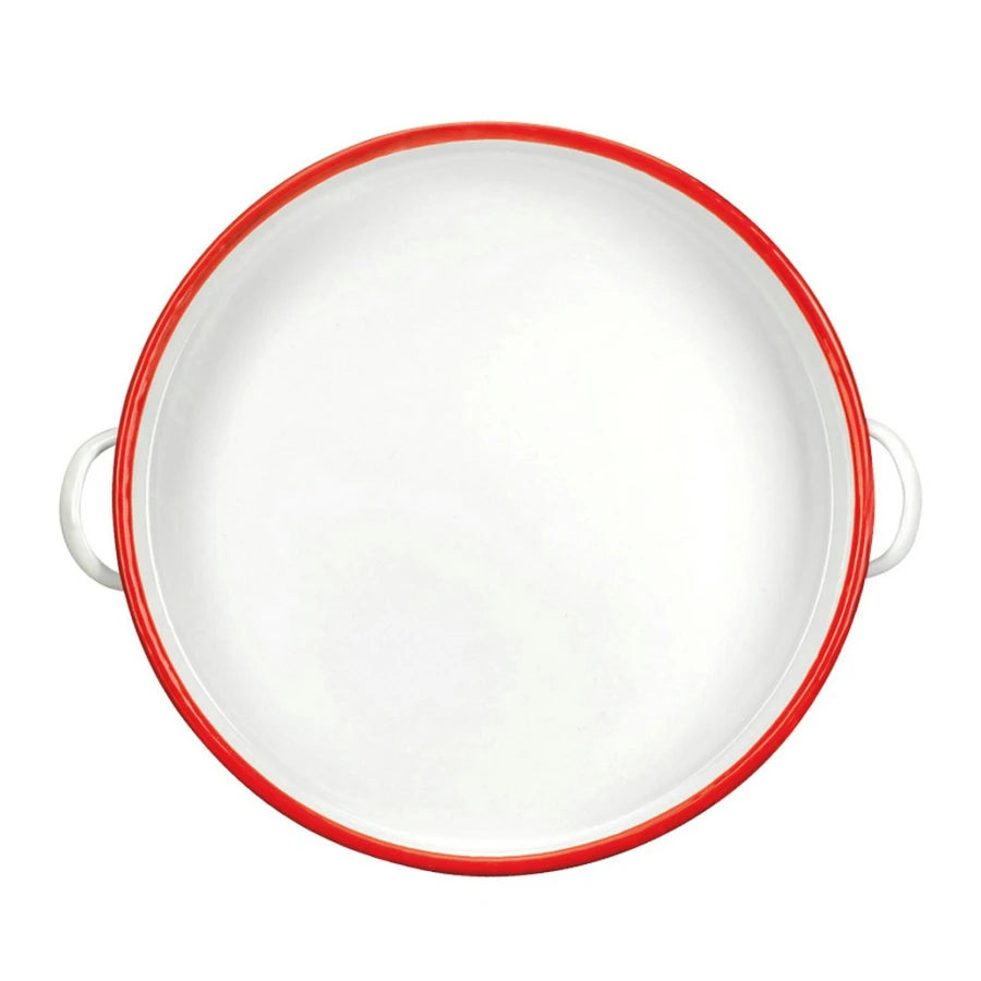 White & Red Enamel Baking Dish with Dual Side Handles – Deep Round Pan for Baking, Roasting, and Serving, Oven & Induction Safe, 3 Sizes Available