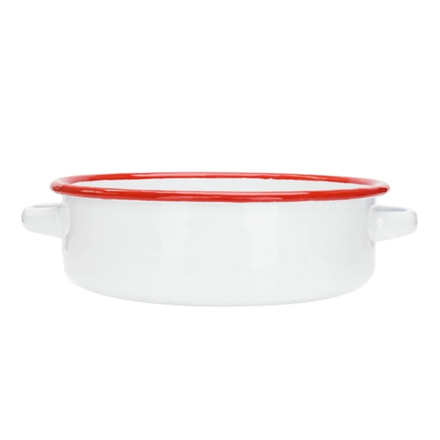 White & Red Enamel Baking Dish with Dual Side Handles – Deep Round Pan for Baking, Roasting, and Serving, Oven & Induction Safe, 3 Sizes Available