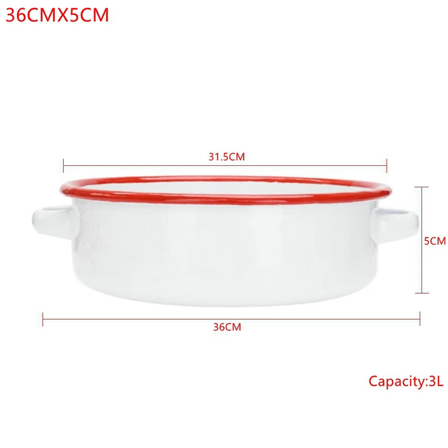 White & Red Enamel Baking Dish with Dual Side Handles – Deep Round Pan for Baking, Roasting, and Serving, Oven & Induction Safe, 3 Sizes Available