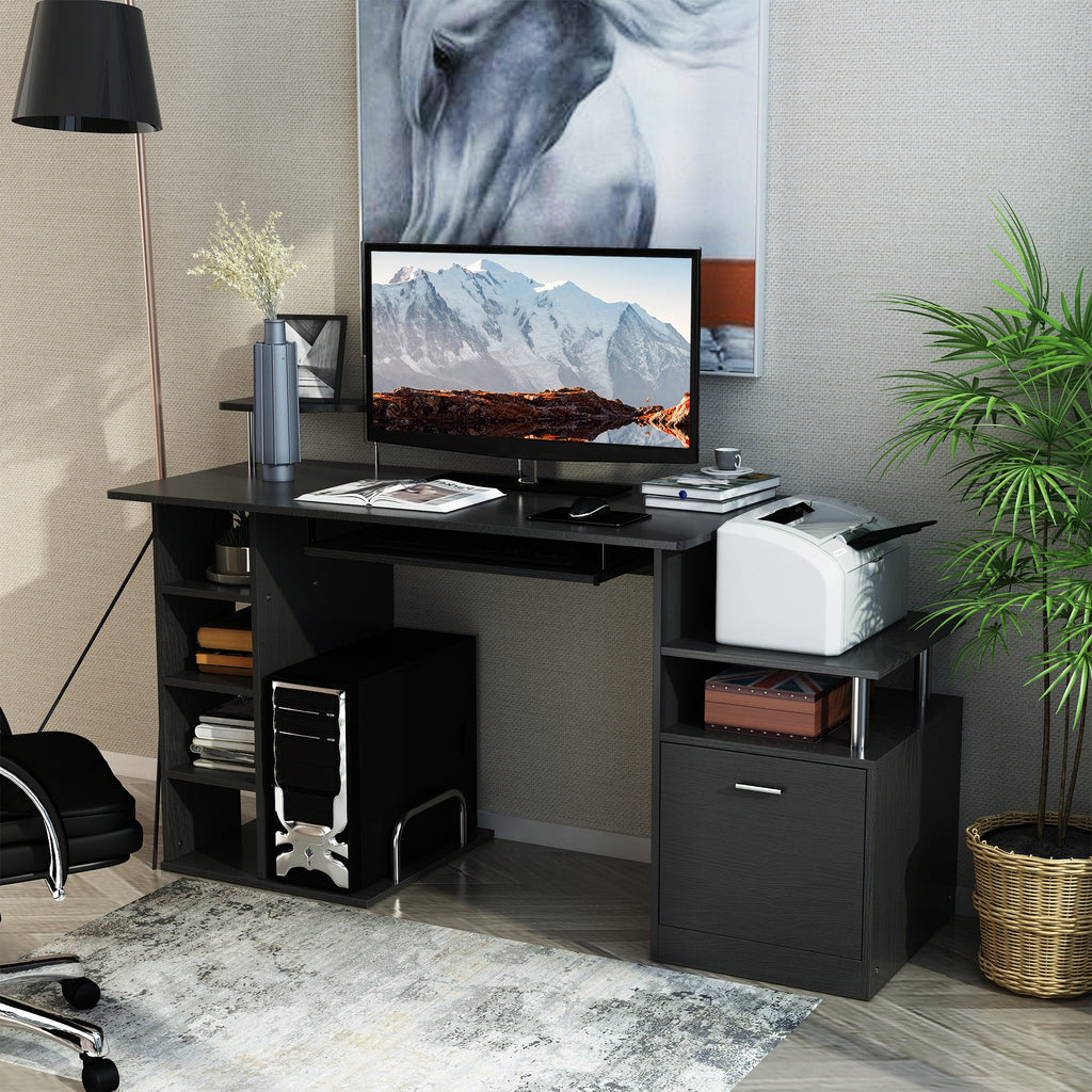 Computer Desk PC Workstation with Drawer, Shelves and CPU Storage Rack, Home Office Furniture, 152 x 60 x 88cm, Black with Wood Grain