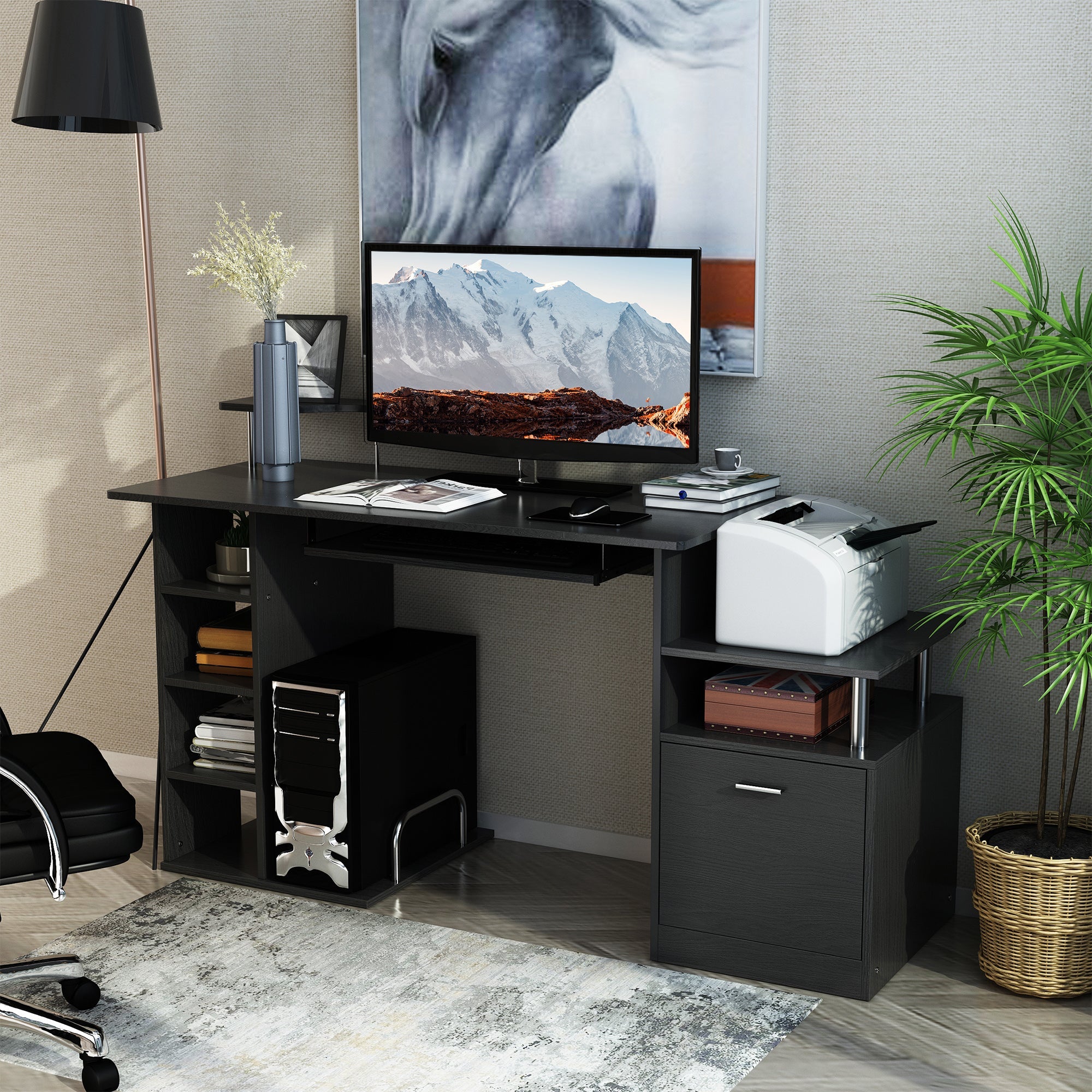 Computer Desk PC Workstation with Drawer, Shelves and CPU Storage Rack, Home Office Furniture, 152 x 60 x 88cm, Black with Wood Grain