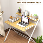 Folding Desk with 2-Tier Shelf for Home Office, Maple Wood-effect