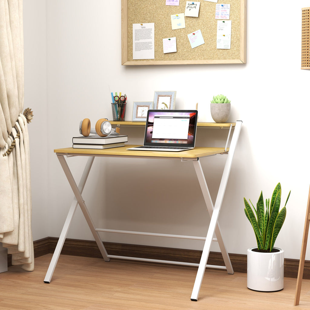 Folding Desk with 2-Tier Shelf for Home Office, Maple Wood-effect