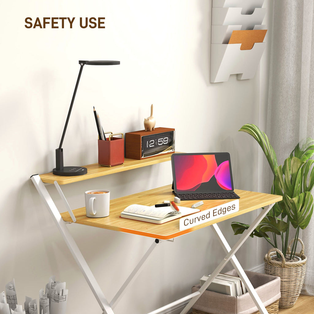 Folding Desk with 2-Tier Shelf for Home Office, Maple Wood-effect