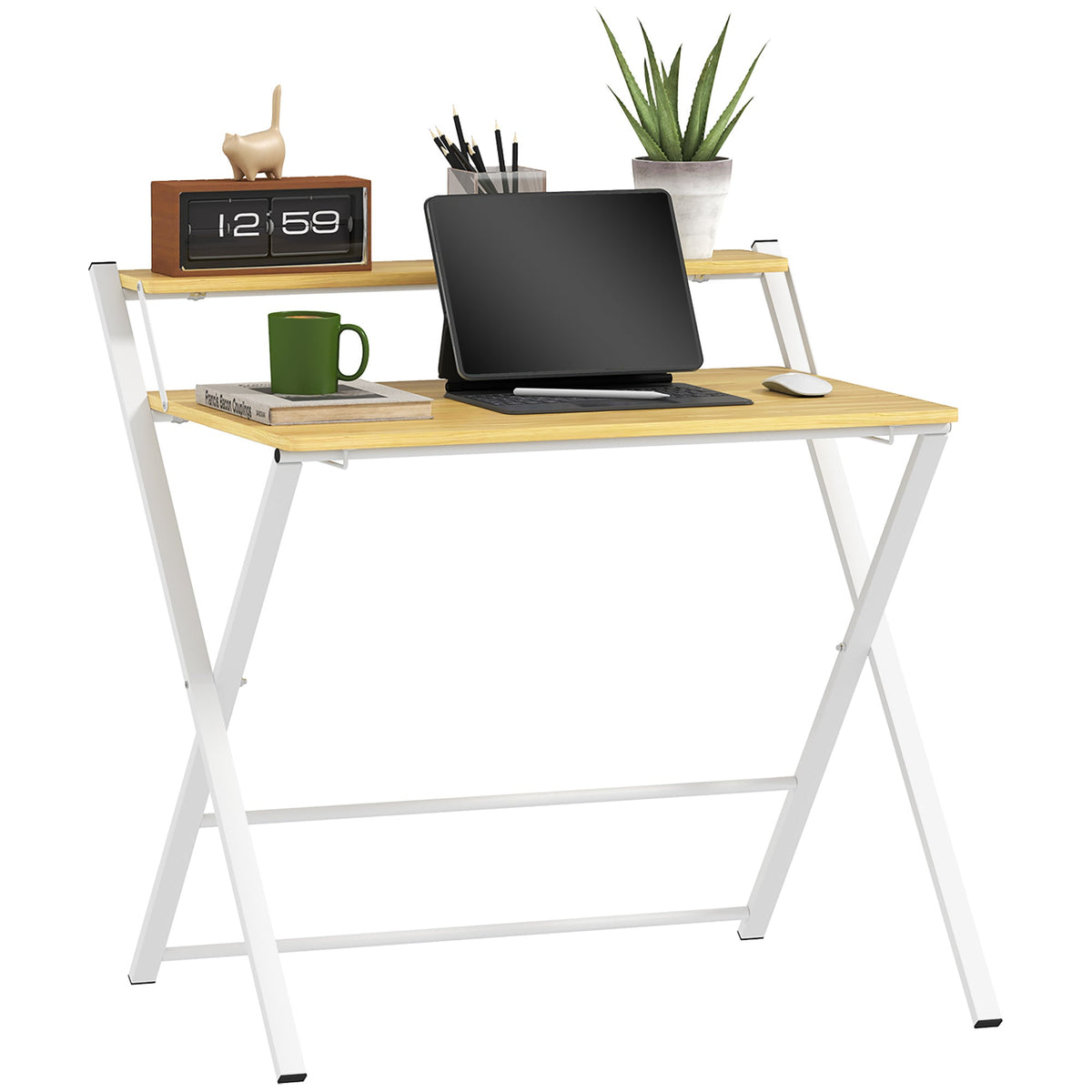 Folding Desk with 2-Tier Shelf for Home Office, Maple Wood-effect
