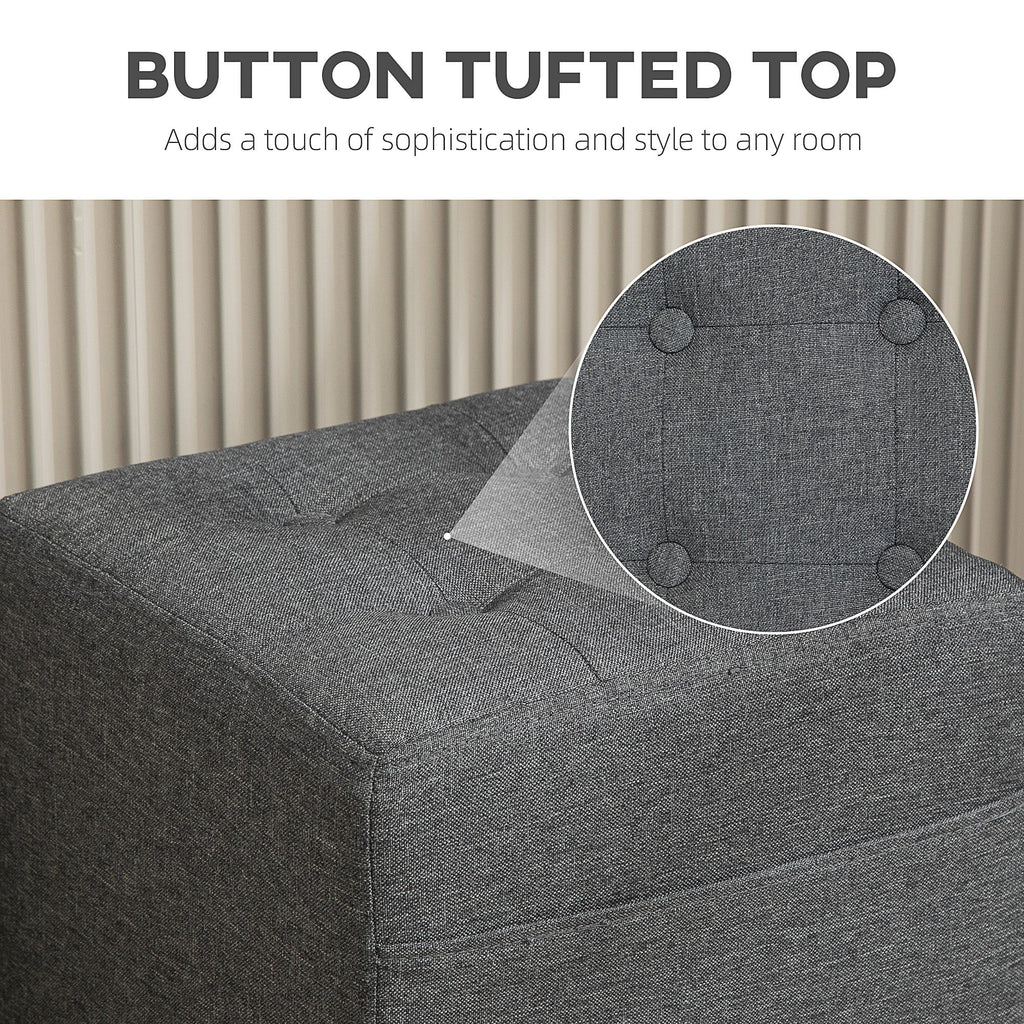 Square Footstool, Small Ottoman with Side Pocket, Linen Fabric Footrest with Rubber Wood Legs and Padded Seat for Living Room, Bedroom, Entryway, 35 x 35 x 35cm, Grey