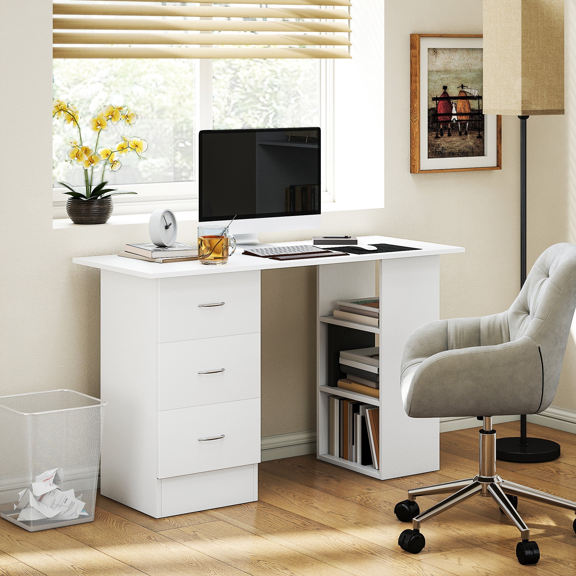 Computer Desk, Writing Table, PC Workstation with 3 Storage Shelves and Drawers, Silver Handle, for Home Office, White White