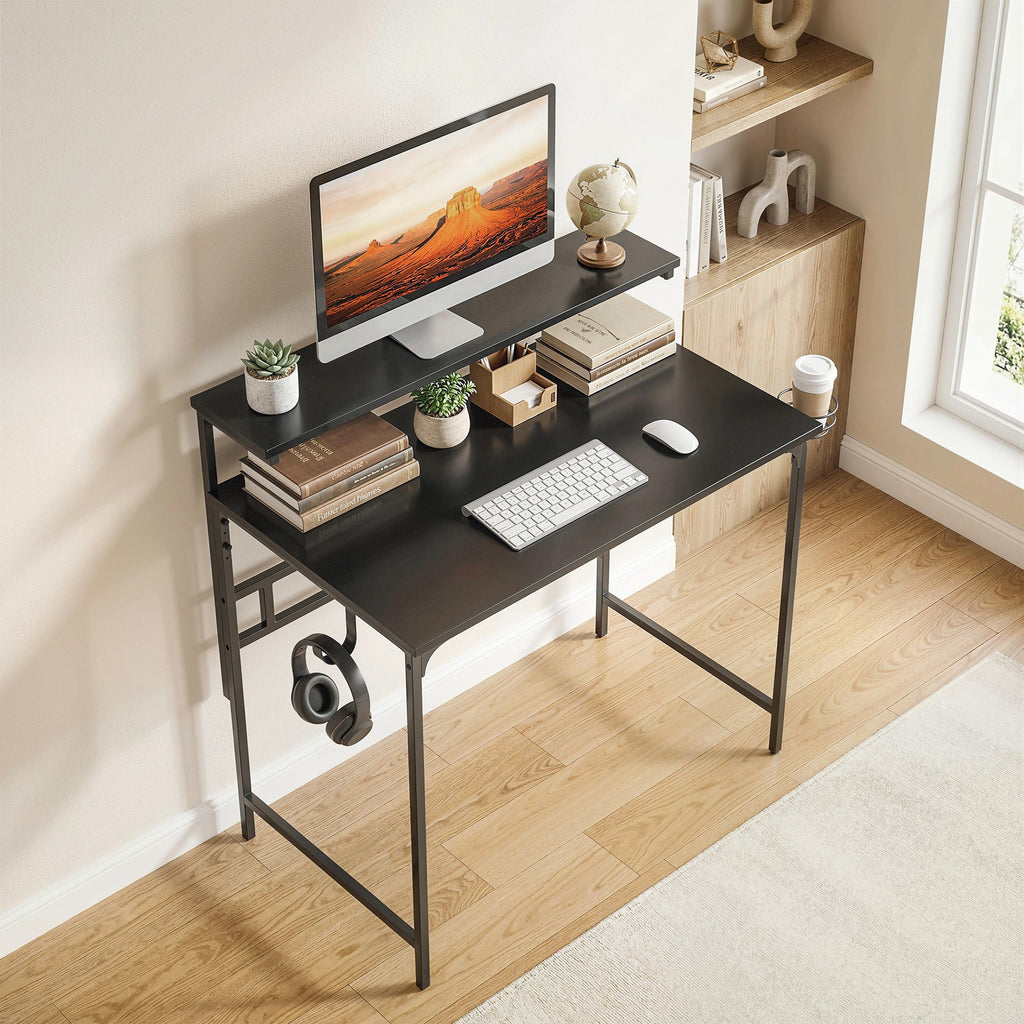 Computer Desk, 80cm Home Office Study Table with Hutch Shelf, Cup Holder, Headphone Hook, Black Black