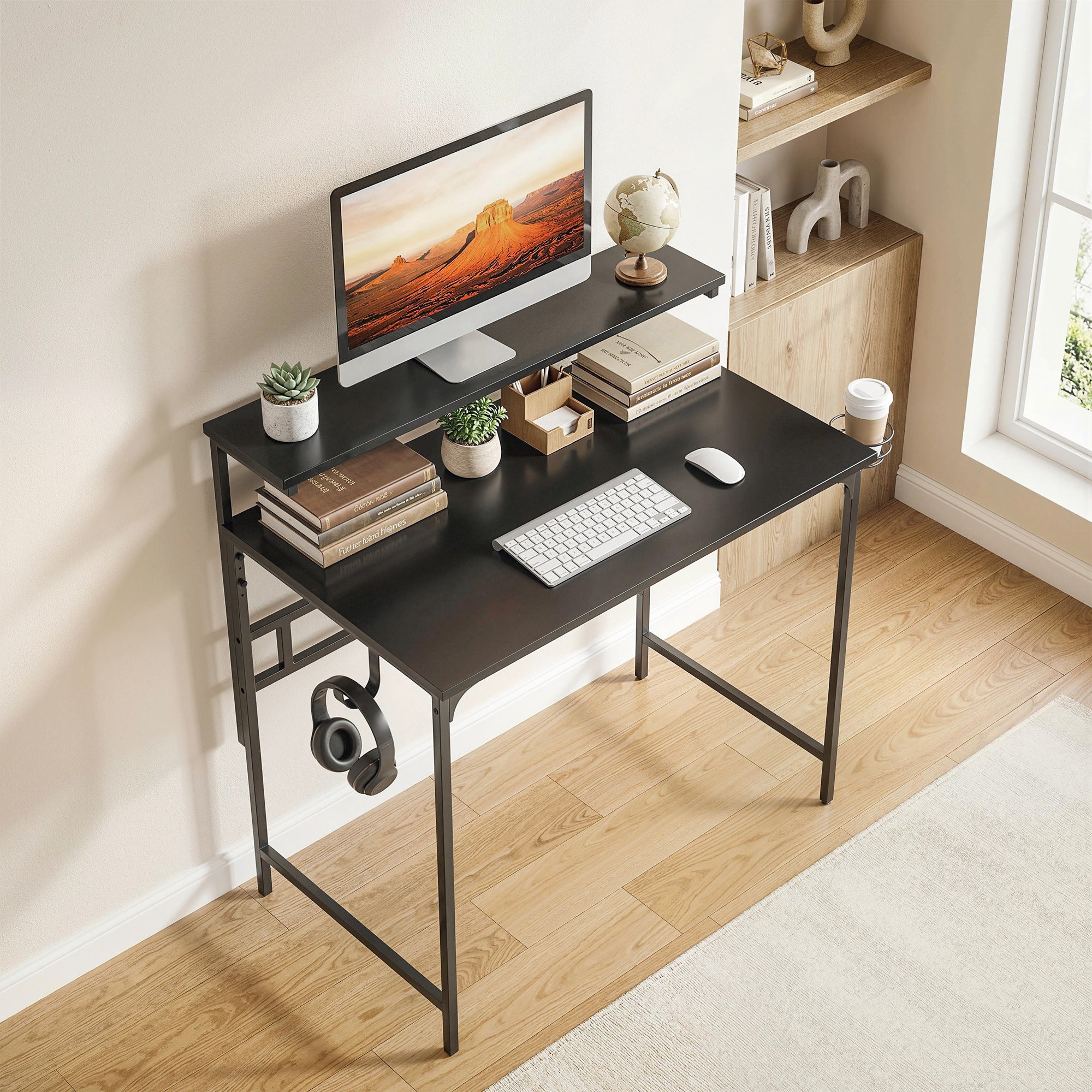 Computer Desk, 80cm Home Office Study Table with Hutch Shelf, Cup Holder, Headphone Hook, Black Black
