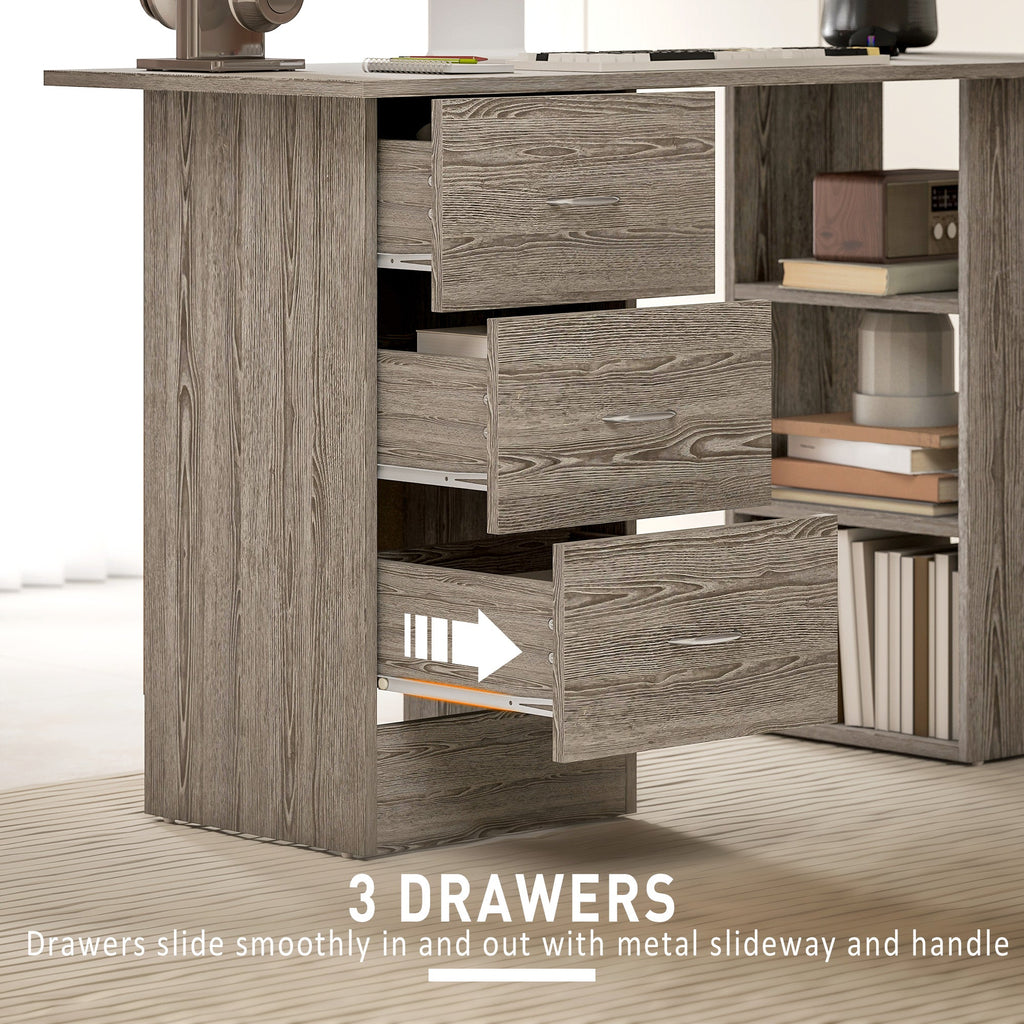 Computer Desk, Writing Table, PC Workstation with 3 Storage Shelves and Drawers, Silver Handle, for Home Office, Grey