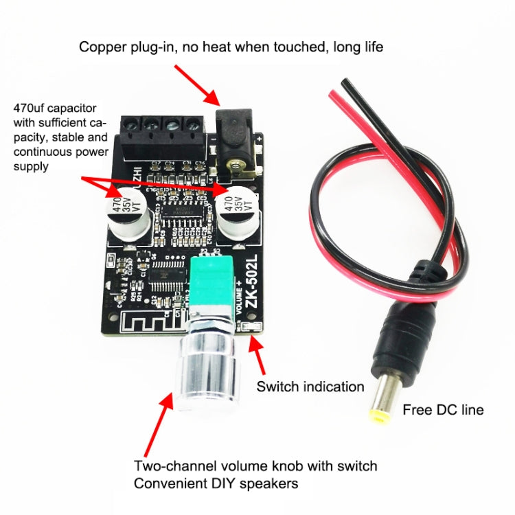 ZK-502L Bluetooth 5.0 12/24V Wireless Stereo Audio Digital Power Amplifier Board 50Wx2 Bluetooth Amp Amplificador, without Shell, ZK-502L without Shell – Bluetooth