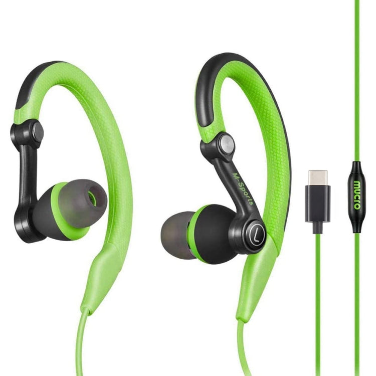 Mucro Type-C Plug In-Ear Sport Earhook Wired Stereo Headphones for Jogging Gym, Type-C – Durable Build, Easy to Use Type-C Green
