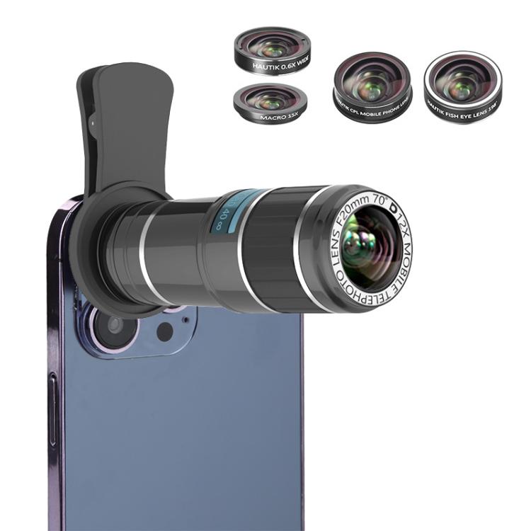 HAUTIK Camera Lens – HK-002 5 in 1 180 Degree Fisheye Lens + 0.65X Macro & Wide Lens + 12X... HK-002