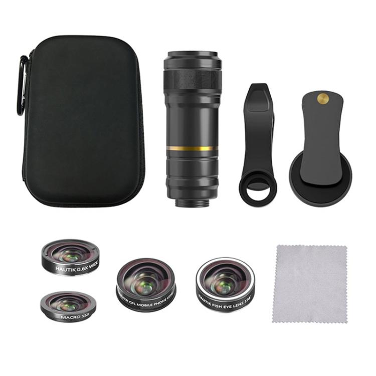 HAUTIK Camera Lens – HK-002 5 in 1 180 Degree Fisheye Lens + 0.65X Macro & Wide Lens + 12X...