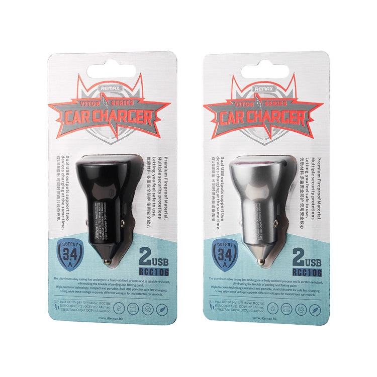 REMAX RCC106 Vitor Series 3.4A Dual USB Interface Car Charger with Digital Display, with Digital Display Silver