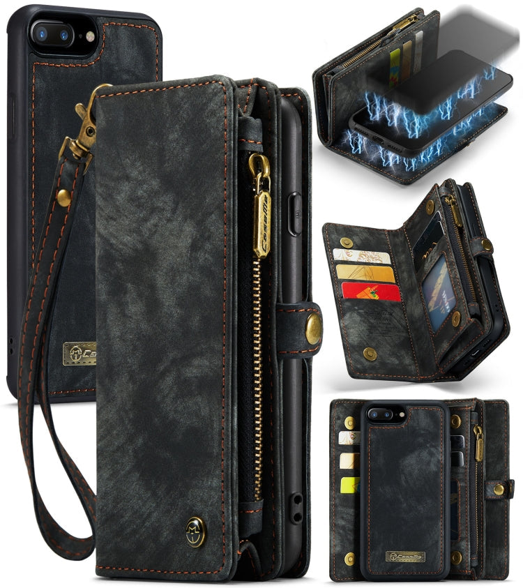CaseMe for iPhone 8 Plus & 7 Plus Multifunctional Leather Billfold with Detachable Magnetic PC Back Protective Case & Holder & 11 Card Slots & 3 Cash Slots & 1 Zipper Wallet & 2 Photo Frames & 3 Magnetic Clasps, For 8P & 7P For 8P & 7P Black