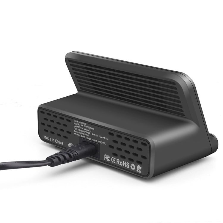 828W 7 in 1 60W QC 3.0 USB Interface + 4 USB Ports + USB-C / Type-C Interface + Wireless Charging Multi-function Charger with Mobile Phone Holder Function, AU Plug, AU Plug Black, AU Plug White – Fast Charging, Wireless Charging, TPU