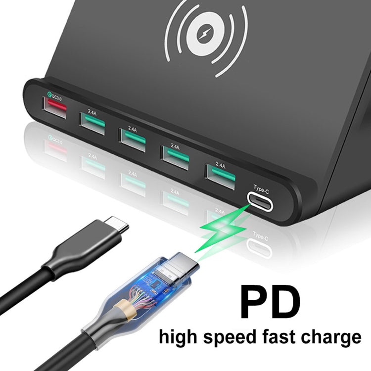 828W 7 in 1 60W QC 3.0 USB Interface + 4 USB Ports + USB-C / Type-C Interface + Wireless Charging Multi-function Charger with Mobile Phone Holder Function, AU Plug, AU Plug Black, AU Plug White – Fast Charging, Wireless Charging, TPU