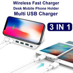 828W 7 in 1 60W QC 3.0 USB Interface + 4 USB Ports + USB-C / Type-C Interface + Wireless Charging Multi-function Charger with Mobile Phone Holder Function, AU Plug, AU Plug Black, AU Plug White – Fast Charging, Wireless Charging, TPU