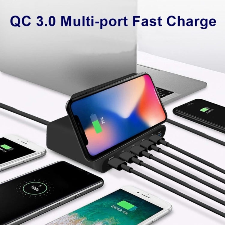 828W 7 in 1 60W QC 3.0 USB Interface + 4 USB Ports + USB-C / Type-C Interface + Wireless Charging Multi-function Charger with Mobile Phone Holder Function, AU Plug, AU Plug Black, AU Plug White – Fast Charging, Wireless Charging, TPU