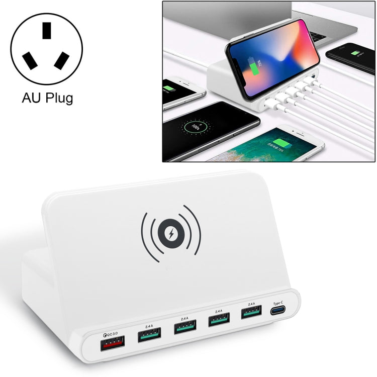 828W 7 in 1 60W QC 3.0 USB Interface + 4 USB Ports + USB-C / Type-C Interface + Wireless Charging Multi-function Charger with Mobile Phone Holder Function, AU Plug, AU Plug Black, AU Plug White – Fast Charging, Wireless Charging, TPU AU Plug White White