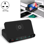 828W 7 in 1 60W QC 3.0 USB Interface + 4 USB Ports + USB-C / Type-C Interface + Wireless Charging Multi-function Charger with Mobile Phone Holder Function, UK Plug, UK Plug Black, UK Plug White UK Plug Black Black