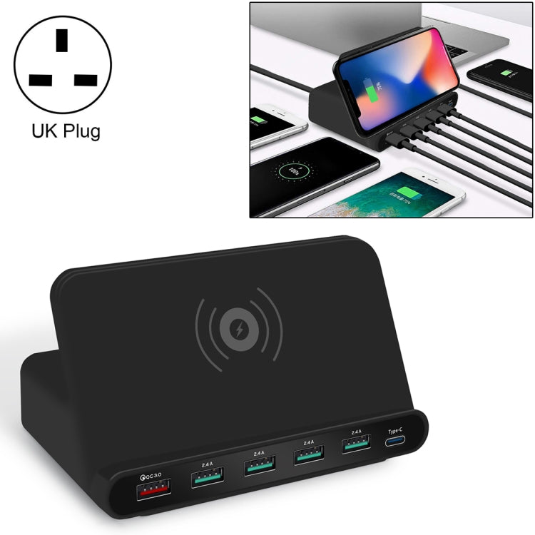 828W 7 in 1 60W QC 3.0 USB Interface + 4 USB Ports + USB-C / Type-C Interface + Wireless Charging Multi-function Charger with Mobile Phone Holder Function, UK Plug, UK Plug Black, UK Plug White UK Plug Black Black
