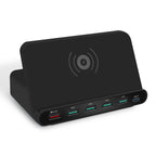 828W 7 in 1 60W QC 3.0 USB Interface + 4 USB Ports + USB-C / Type-C Interface + Wireless Charging Multi-function Charger with Mobile Phone Holder Function, UK Plug, UK Plug Black, UK Plug White