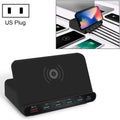 828W 7 in 1 60W QC 3.0 USB Interface + 4 USB Ports + USB-C / Type-C Interface + Wireless Charging Multi-function Charger with Mobile Phone Holder Function, US Plug, US Plug Black, US Plug White US Plug Black Black