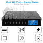 50W 6 USB Ports + 2 USB-C / Type-C Ports + Wireless Charging Multi-function Charger with LED Display & Detachable Bezel, EU Plug, EU Plug